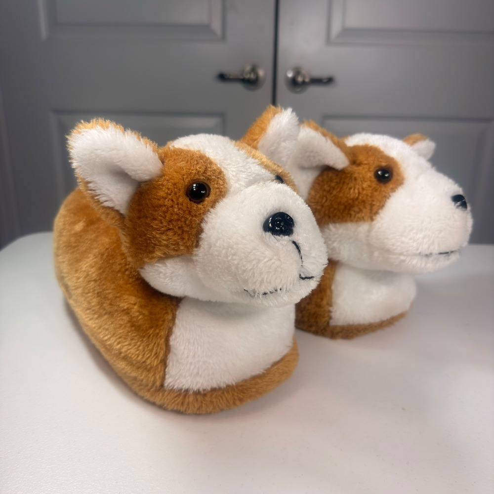 Corgi Plush Dog Slippers Faux Fur Novelty House Shoes Women's Large